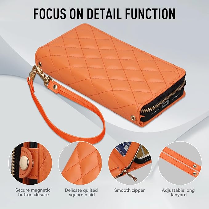 Rssviss Crossbody Case for iPhone 17 Pro Max Case Wallet, RFID Blocking Leather with Card Holder Kickstand, Handbag Zipper Flip Cover with Wrist Strap for iPhone 17 Pro Max Men Women 6.9", Orange