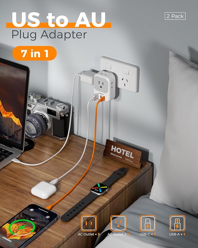 Australia Plug Adapter 2 Pack, TESSAN PD 20W New Zealand Power Adapter with 4 Outlets 3 USB Ports (2 USB-C), Type I Travel Adaptor for US to Australian Argentina China Fiji Samoa Tonga Kiribati