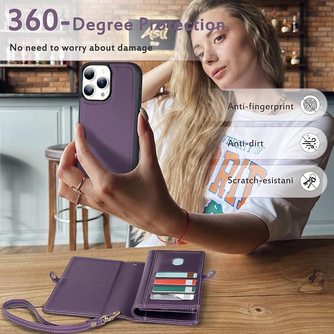 for Wallet Case Compatible with iPhone 14 Pro Max,Multi-Function Detachable 2 in 1 Magnetic iPhone 14 Pro Max Case Wallet,Flip Strap Zipper Card Holder Phone Case with Shoulder Straps (Pruple)