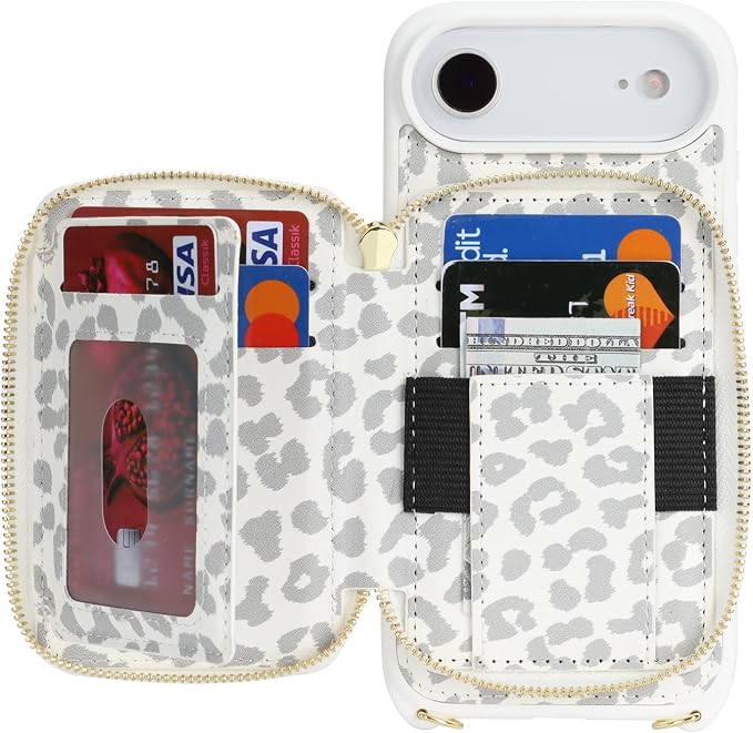 Crossbody Wallet Case for iPhone Air, PU Leather Zipper Handbag Purse Flip Cover, Kickstand Folio Case with Card Slots Holder Wrist Strap Lanyard 5G 6.5 Inch-White Leopard