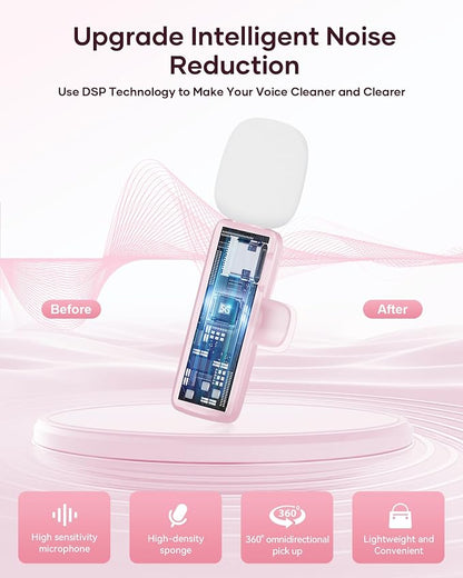 Wireless Microphone for iPhone iPad and Android Phone, 2 Pack Wireless Lavalier Lapel Mic with Noise Reduction, Plug and Play Mini Microphone for Video Recording Interview YouTube TikTok Vlog (Pink)