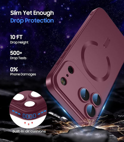 Magnetic for iPhone 17 Pro Case [Compatible with MagSafe][Built-in Camera Lens Protector] Slim Thin Soft Silicone Bumper Shockproof Metallic Luster Phone Case (Burgundy)