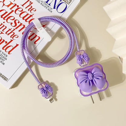 Lovmooful Compatible for iPhone 18W/20W USB-C Charger Cover Clear Lovely 3D Bowknot Waves Design Soft Charger Protector Cute Cable Case Saver Protector for Girls Women-Purple Bowknot