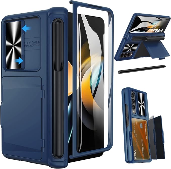 Viaotaily Galaxy Z Fold 4 Case with Card Holder & S Pen Slot & Hinge Protection & Kickstand, Built-in Screen Protector & Slide Camera Lens Cover, Shockproof Case for Samsung Z Fold 4 5G 2022 (Blue)