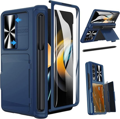 Viaotaily Galaxy Z Fold 4 Case with Card Holder & S Pen Slot & Hinge Protection & Kickstand, Built-in Screen Protector & Slide Camera Lens Cover, Shockproof Case for Samsung Z Fold 4 5G 2022 (Blue)