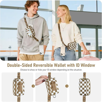 Clip and Go Strap for Phone with Wallet Crossbody Phone Lanyard and Detachable Checkered Bag with ID Window and RFID Pouch for Daily Travel.