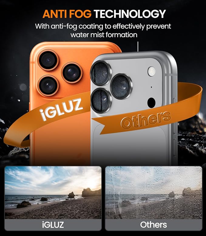 iGluz 2 Pack Anti-Reflection Camera Lens Protector for iPhone 17 Pro Max/iPhone 17 Pro [98% Transmittance][1-Step Installation][Strong Adsorption] 9H Shatterproof Tempered Glass- Cosmic Orange