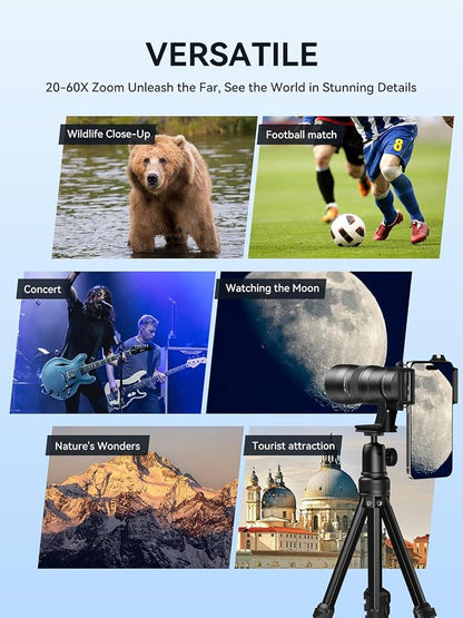 MIAO LAB 20-60X Zoom Telephoto Lens for Smartphones | High-Power Phone Lens Kit with Tripod & Universal Clip | Compatible with iPhone 17/16/15/14/13 Series, Samsung & Android Devices