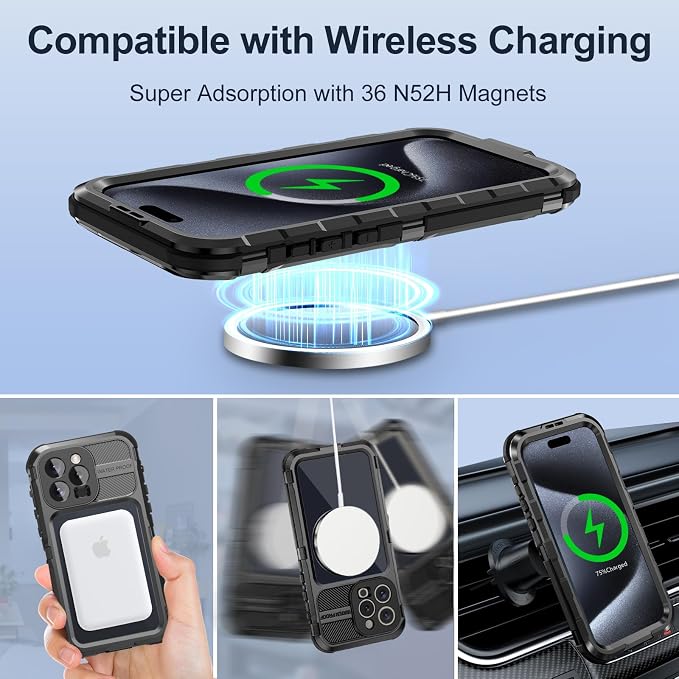 WIFORT for iPhone 15 Pro Waterproof Case - Metal Heavy Duty Full Body Protective Cover Built-in Screen Protector, IP68 Water Proof Military Grade Shockproof Rugged Drop Defender Phone case 6.1" Black