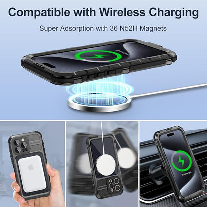 WIFORT for iPhone 15 Pro Waterproof Case - Metal Heavy Duty Full Body Protective Cover Built-in Screen Protector, IP68 Water Proof Military Grade Shockproof Rugged Drop Defender Phone case 6.1" Black