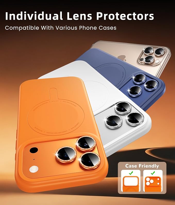 PandaShield 2-Pack Anti-Reflection Camera Lens Protector for iPhone 17/16/15 Pro & Pro Max, Easy Installation,9H Hardness,98% Ultra Clarity,Maintains Original Lens Design–Glitter Orange
