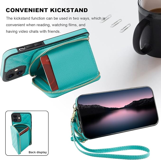 Bocasal Crossbody Wallet Case for iPhone 12/12 Pro, RFID Blocking PU Leather Zipper Handbag Purse Flip Cover, Kickstand Folio Case with Card Slots Holder Wrist Strap Lanyard 5G 6.1 Inch (Mint Green)