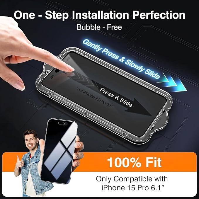 EZ-GLAZ- 4 Pack for iPhone 15 Pro Privacy Screen Protector [6.1"] With 2 Pack Camera Lens Protector, 9H+ Hardness 12FT Military Grade Shatterproof Scratch Resistant Durable Tempered Glass Film with Flawless Fit Kit