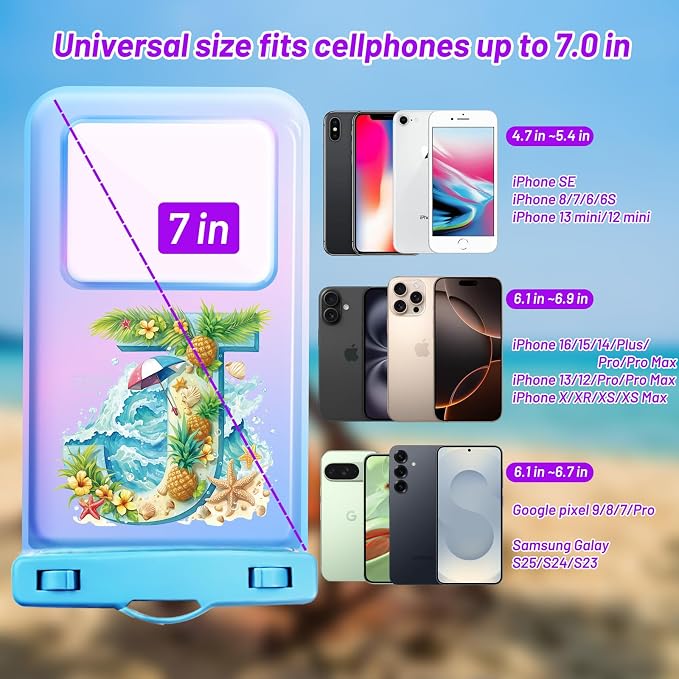 Personalized Initial Waterproof Phone Pouch Case - IPX8 Cellphone Dry Bag with Lanyard for iPhone 16/15/14/13/12 Pro Max (6.1–6.9"), Beach & Cruise Ship Essentials with Monogrammed Design (Blue, J)