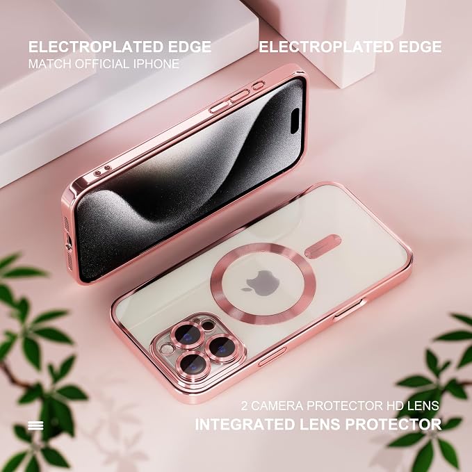 Misea Magnetic for iPhone 16 Pro Case Compatible with MagSafe [Never Yellowing] [Military Grade Drop Protection] Full Camera Lens Protector Plating Soft Clear Phone Case for Women 6.3", Pink
