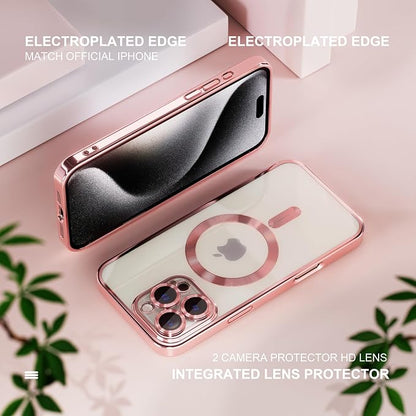 Misea Magnetic for iPhone 16 Pro Case Compatible with MagSafe [Never Yellowing] [Military Grade Drop Protection] Full Camera Lens Protector Plating Soft Clear Phone Case for Women 6.3", Pink