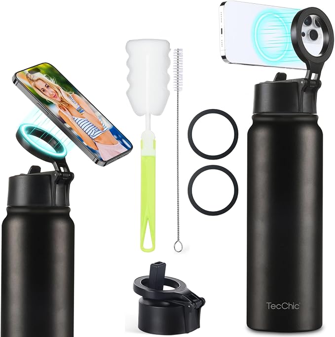 Insulated Water Bottle with Magnetic Phone Holder Compatible with MagSafe and iPhone,Double-Sided Magnet,Hot 12H Cold 24H,Stainless Steel Water Bottle Phone Mount for Sports Travel,27oz (Black)