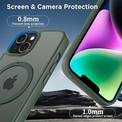 CACOE Magnetic Case for iPhone 13/14 6.1 inch with 360 Rotatable Ring Stand, Compatible with MagSafe Car Phone Mount, Cases Cover Phone Holder for Desk Meeting/Videos Dark Green
