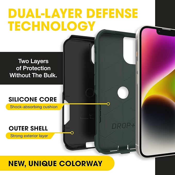 OtterBox iPhone 16e, 15, 14, & 13 Commuter Series Case - Slim & Tough, Pocket-Friendly, with Port Protection - Black/Green