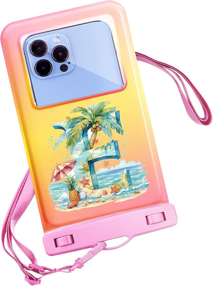 Personalized Initial Waterproof Phone Pouch Case - IPX8 Cellphone Dry Bag with Lanyard for iPhone 16/15/14/13/12 Pro Max (6.1–6.9"), Beach & Cruise Ship Essentials with Monogrammed Design (Pink, E)