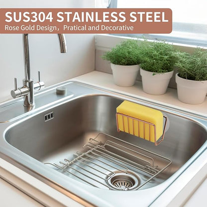 Soap Sponge Holder for Kitchen Sink Shower, No Drilling. Rustproof Stainless Steel, Wall Mounted Soap Holder Soap Tray Bar Holder with Suction Cups for Bathroom & Kitchen. Rose Gold.