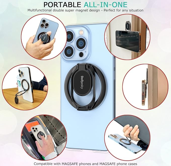 Magnetic Phone Ring Holder for iPhone, Double Adjustable Gym Phone Grip Holder and Stand Removable for Magsafe Case, iPhone 17/16/15/Pro Max Plus SE