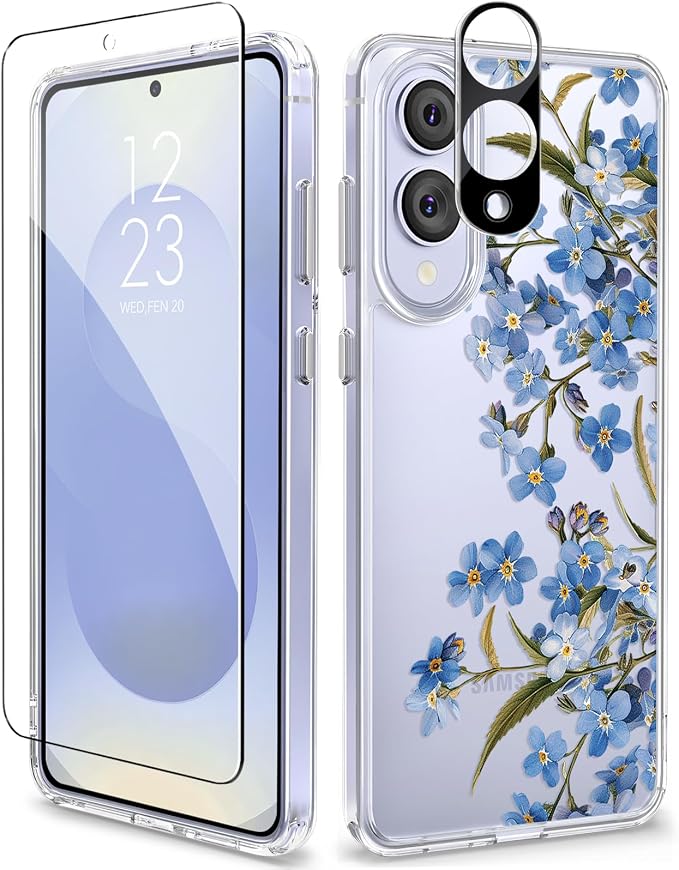GVIEWIN for Samsung Galaxy S25 Edge Case, Clear Floral Shockproof Protective Women Phone Case, Non-Yellowing, Screen&Camera Lens Protector for Galaxy S25 Edge 6.7",Aconite/Blue