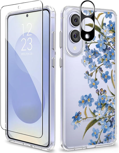 GVIEWIN for Samsung Galaxy S25 Edge Case, Clear Floral Shockproof Protective Women Phone Case, Non-Yellowing, Screen&Camera Lens Protector for Galaxy S25 Edge 6.7",Aconite/Blue
