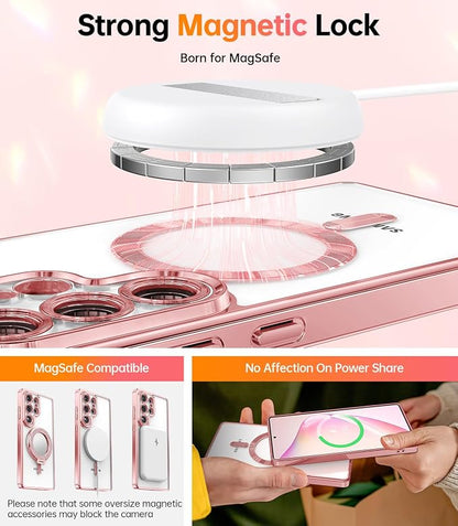 Meifigno Case Designed for Samsung Galaxy S25 Ultra 6.9 inch, [Compatible with MagSafe] [2X HD Screen Protectors] [Glitter Card & Wrist Strap] Full Lens Protection Case for Galaxy S25 Ultra, Rose Gold | 6.9 inch