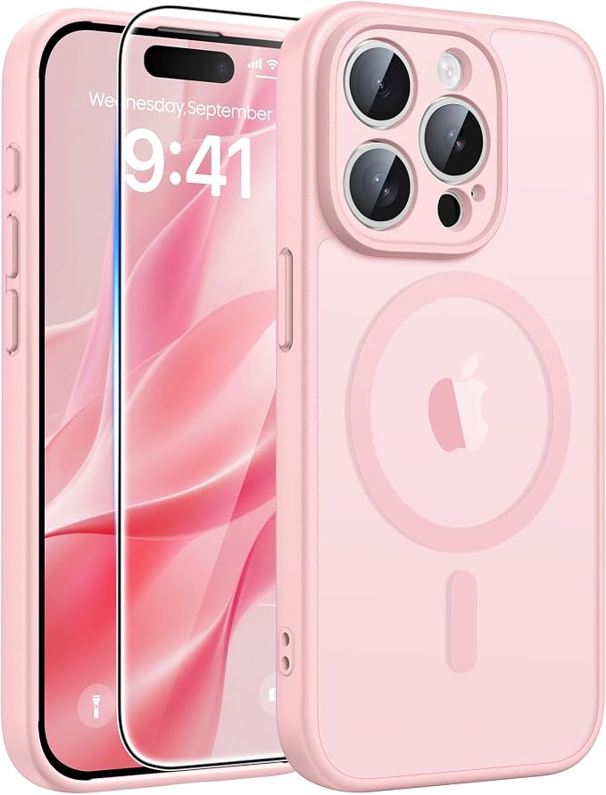 FNTCASE for iPhone 15 Pro Case: [Compatible with Magsafe] Translucent Matte Cases with [Full Camera Protection] [Screen Protector] Military Grade Shockproof Protective Phone Cover - Light Pink