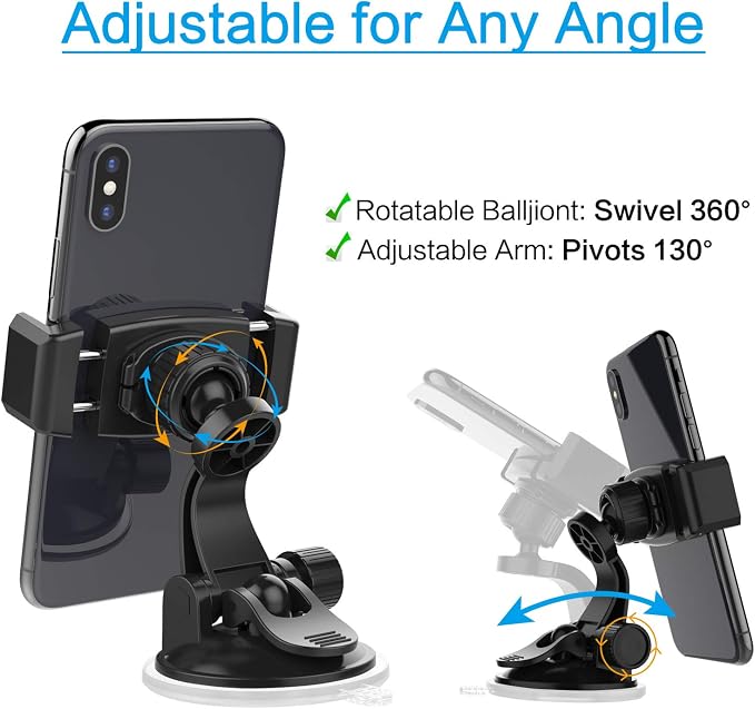 APPS2Car Suction Cup Phone Holder for Car with Adjustable Arm, Low Profile Dashboard Phone Mount Compact Windshield Window Dash Mobile Stand Compatible w/All iPhone and Android Cell Phones