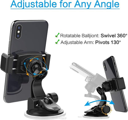 APPS2Car Suction Cup Phone Holder for Car with Adjustable Arm, Low Profile Dashboard Phone Mount Compact Windshield Window Dash Mobile Stand Compatible w/All iPhone and Android Cell Phones