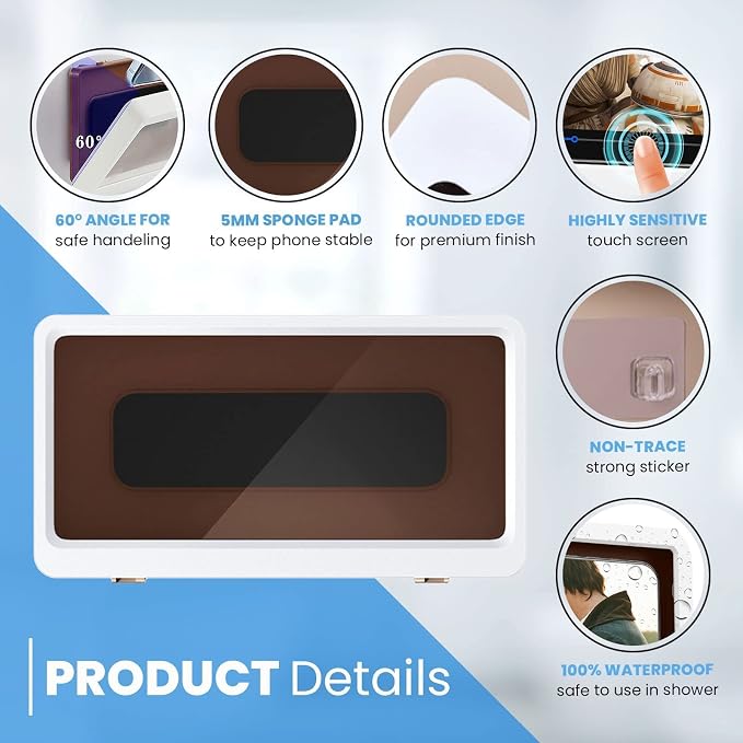Shower Phone Case Holder Waterproof Upgraded Holder Wall Mount Bathroom TV Shower Gadget Shower Accessory Phone Mount iPhone Shower TV (White)