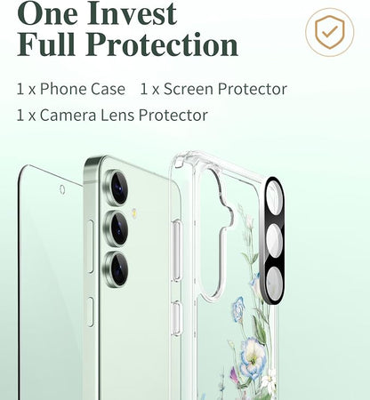 GVIEWIN for Samsung Galaxy S25 Case, Clear Floral Slim Shockproof Protective Women Phone Case, Non-Yellowing, with Screen Protector & Camera Lens Protector for Galaxy S25 6.2", Aquilegia/White