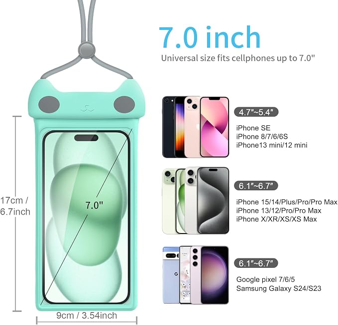 wellhouse Waterproof Phone Pouch, Waterproof Phone Case for iPhone 17 16 15 14 Pro Max XS Samsung, IPX8 3D Cellphone Dry Bag Beach Essentials -Kitten Crystal Mint