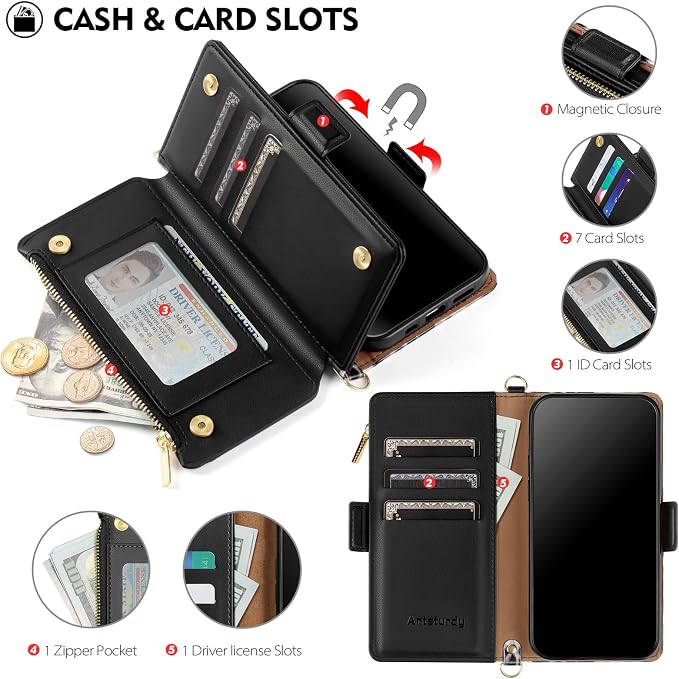 Antsturdy Compatible with iPhone 15 Wallet Case for Women【RFID Blocking】 Crossbody Phone Case PU Leather Zipper Wrist Strap Flip Cover Credit Card Holder Slots,for Apple 15 6.1",Leopard-White/Black