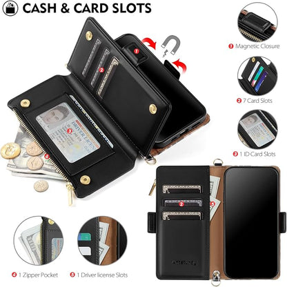 Antsturdy Compatible with iPhone 15 Wallet Case for Women【RFID Blocking】 Crossbody Phone Case PU Leather Zipper Wrist Strap Flip Cover Credit Card Holder Slots,for Apple 15 6.1",Leopard-White/Black