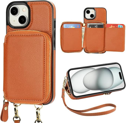 Bocasal RFID Blocking Wallet Case for iPhone 15, Adjustable Crossbody Zipper Purse Case Card Holder with Kickstand Detachable Wrist Strap, PU Leather Flip Folio Case 6.1 Inch 5G (Brown)