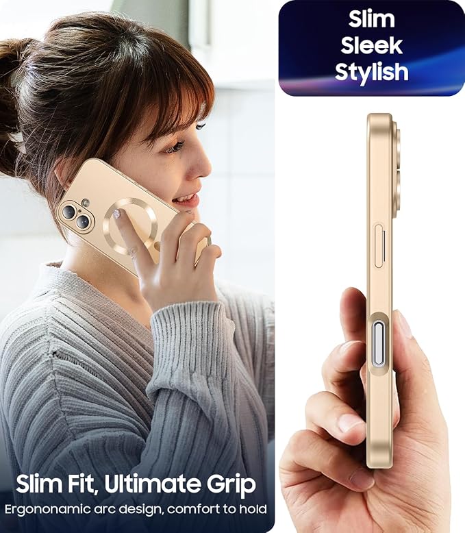 Magnetic for iPhone 17 Case [Compatible with MagSafe][Built-in Camera Lens Protector] Slim Thin Soft Silicone Bumper Shockproof Metallic Luster Phone Case (Gold)