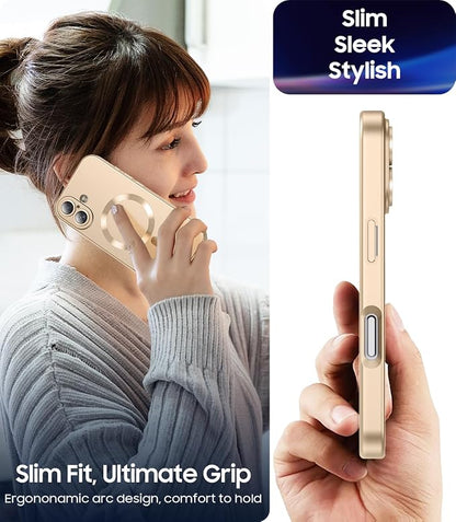 Magnetic for iPhone 17 Case [Compatible with MagSafe][Built-in Camera Lens Protector] Slim Thin Soft Silicone Bumper Shockproof Metallic Luster Phone Case (Gold)