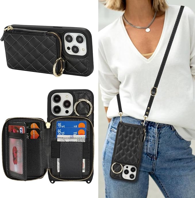 Crossbody Wallet Case for iPhone 14 Pro Max, PU Leather Zipper Handbag Purse Flip Cover, Kickstand Folio Case with Card Slots Holder Wrist Strap Lanyard 5G 6.7 Inch-Black
