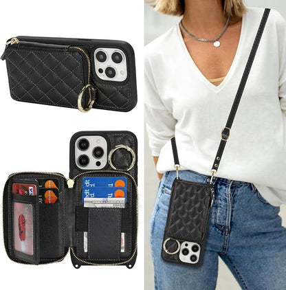 Crossbody Wallet Case for iPhone 14 Pro Max, PU Leather Zipper Handbag Purse Flip Cover, Kickstand Folio Case with Card Slots Holder Wrist Strap Lanyard 5G 6.7 Inch-Black