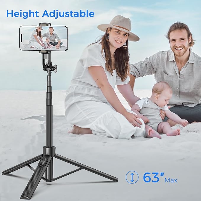 Selfie Stick Travel Tripod for Cell Phone with Remote Control and Phone Holder, Extendable Selfie Stick for iPhone, iPhone Tripod for Video Recording, 63 Inch, Black