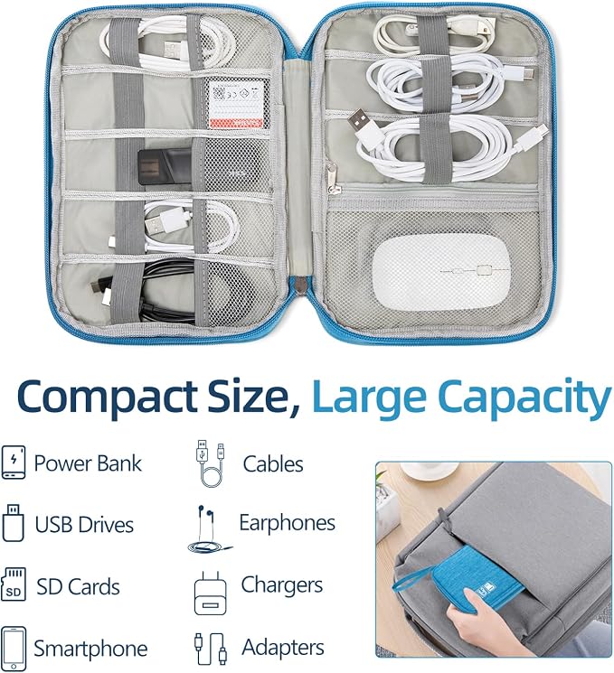 Cord Organizer Travel Case, Cable Organizer Bag for Chargers, USB Cables, Power Bank & Electronics Accessories, Portable Tech Organizer Pouch with Mesh Pockets, Water Resistant Travel Gear Bag