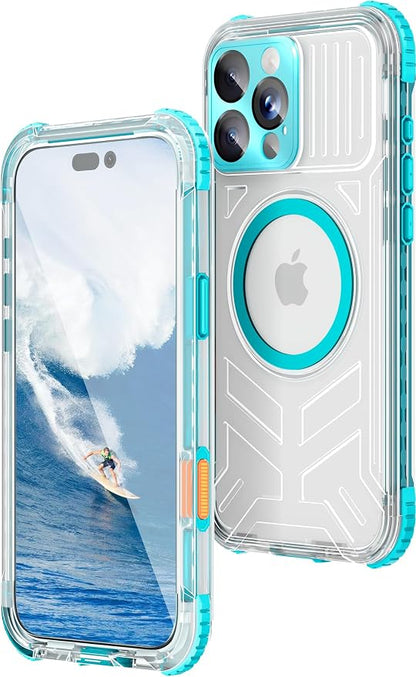 WIFORT for iPhone 16 Pro Max Waterproof Case, [IP68 Underwater] [Blue Light Filter Lens] [15FT Military Shockproof], Fit for Magsafe Full Body Magnetic Frosted Phone Case with Lanyard, 6.9" Teal