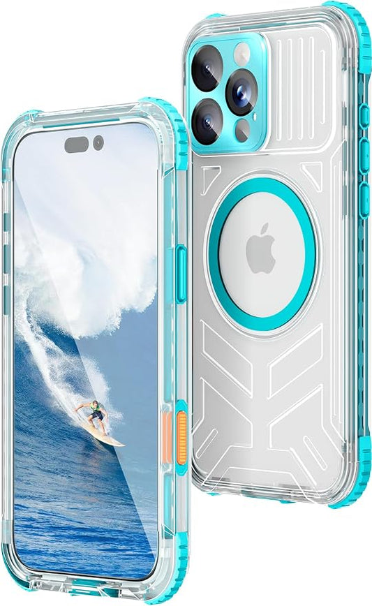WIFORT for iPhone 16 Pro Max Waterproof Case, [IP68 Underwater] [Blue Light Filter Lens] [15FT Military Shockproof], Fit for Magsafe Full Body Magnetic Frosted Phone Case with Lanyard, 6.9" Teal