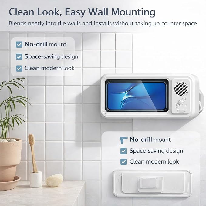 Waterproof Shower Phone Holder with Built-in Bluetooth Speaker, Wall Mount Touch Screen Phone Case for Bathroom, Anti-Fog Window, Fits Smartphones up to 7”, Hands-Free Video & Music (White)