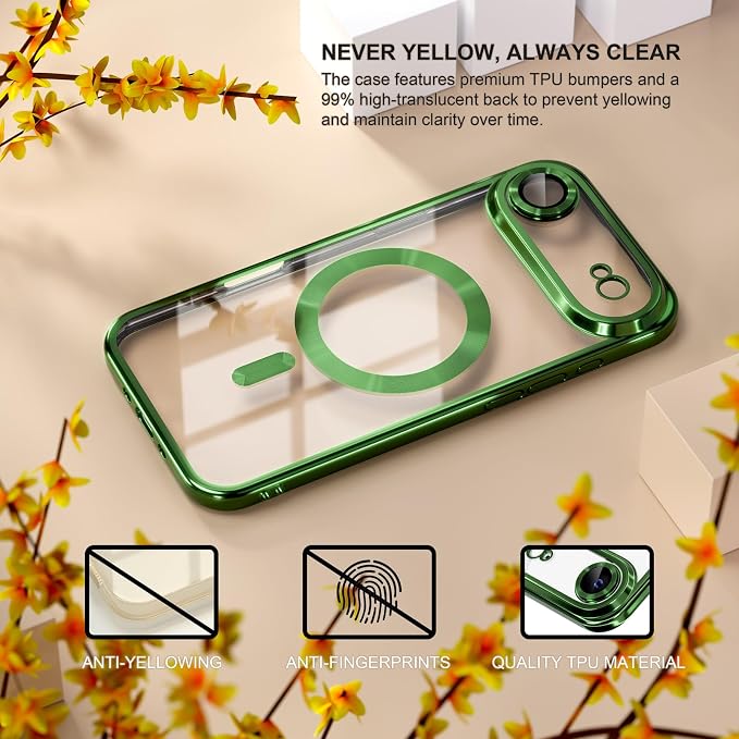 Misea Magnetic for iPhone 17 Air Case Compatible with MagSafe [Never Yellowing] [Military Grade Drop Protection] Full Camera Lens Protector Plating Soft Clear Phone Case for Women, Green
