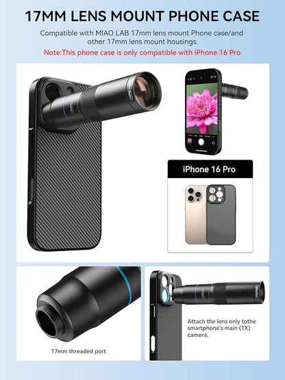MIAO LAB HD 10X Telephoto Lens & 200mm Macro Lens, 2-in-1 Aluminum Phone Camera Lens Kit with 17mm Lens Thread Interface Mobile Phone case. Phone Lens Attachment Fit for iPhone 16 Pro