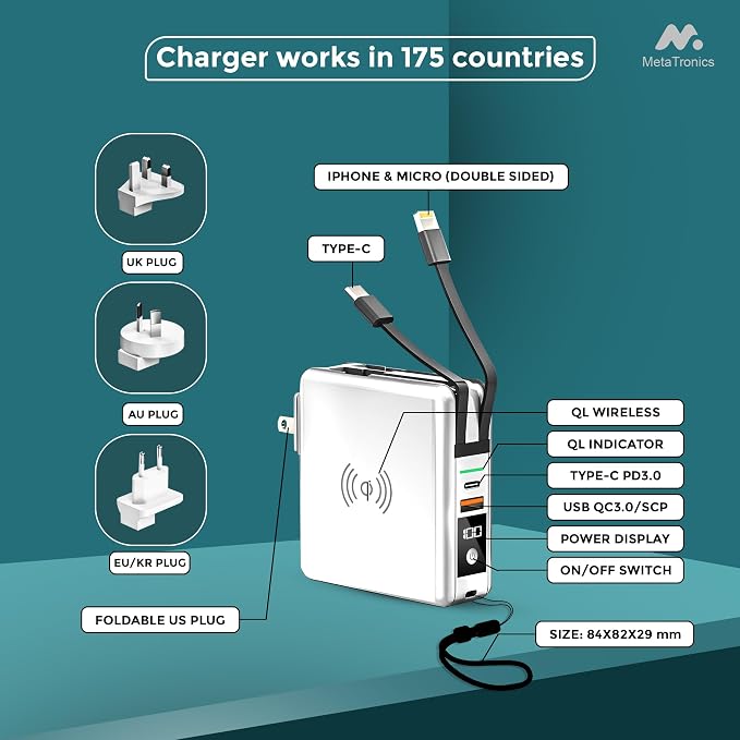 5-in-1 Travel Power Bank with Wall Plug — 10000mAh MagSafe Wireless Portable Charger with Built-in USB-C & Lightning Cables + Universal International Travel Adapter (US/Asia/Europe/Asia) | 5-in-1 Charger with USB-C, Global Travel Adapter, Built-In Char...